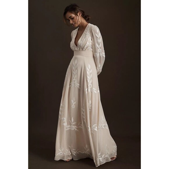 BHLDN Belize Embroidered A-Line Long-Sleeve V-Neck Gown Beaded Wedding Size 6 - Picture 1 of 15